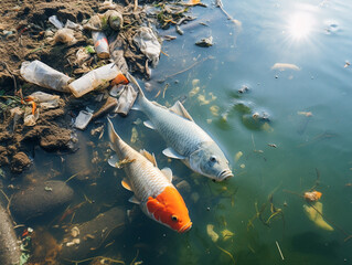 Dead fish in a polluted pond, poor ecology, environmental disaster, Generative AI, generative artificial intelligence