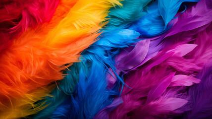 Multicolored feathers in the form of a rainbow flag lie,background texture.