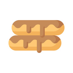 A small, soft, log shaped pastry filled with chocolate, modern flat eclair icon
