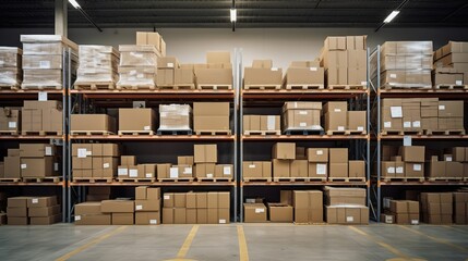 Rows of shelves with boxes in the warehouse. Created with Generative Ai technology.