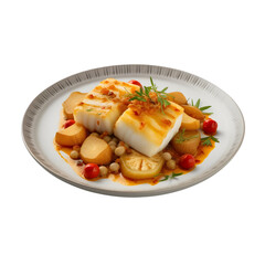 Bacalao a la vizca&iacute;na, beautiful on a serving plate, delicious and warm, transparent background