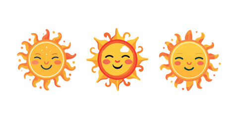 Sun emoji. Funny summer sunshine, sun baby happy morning emoticons. Cartoon sunny smiling faces vector icons