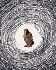 Tangled thoughts and overthinking, Young woman suffering from depression and mental breakdown. Contemporary art collage.