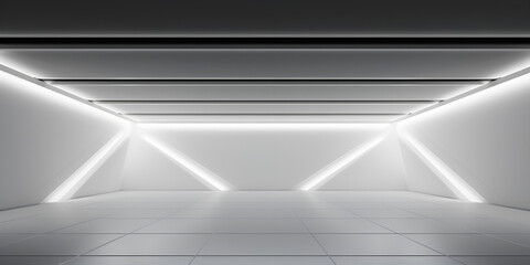 Illuminated White Room with Empty Wall , Illuminated corridor interior design. 3D rendering, Neon Lights White Background , generative Ai