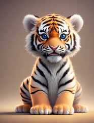 A cute tiger, baby, blue eyes, miniature size.