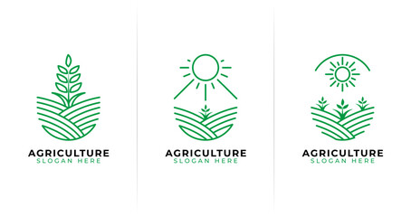 Minimal agriculture logo design. Farm symbol with sun, field, and plant concept