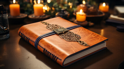Handcrafted leather journal and fountain pen, lifestyle, background, blurred Generative AI