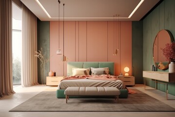 A 3D render showcases a luxurious modern bedroom with grand windows and lavish furnishings..