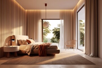 A 3D render showcases a luxurious modern bedroom with grand windows and lavish furnishings..