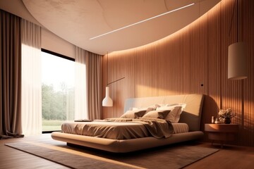 Fototapeta premium A 3D render showcases a luxurious modern bedroom with grand windows and lavish furnishings..