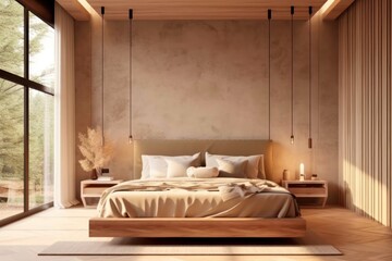 Fototapeta na wymiar A 3D render showcases a luxurious modern bedroom with grand windows and lavish furnishings..