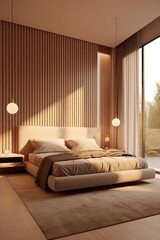 Perfectly illuminated loft apartment bedroom featuring an elegant blend of modern design and cozy ambience. Bed fittings and blankets.