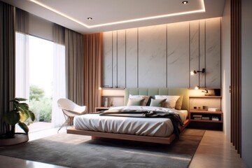 Details of warm and welcoming bedroom with earthy shades and plush bedding..