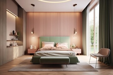 Fototapeta premium Stylish interior of contemporary room with comfortable bed and luxurious finishings