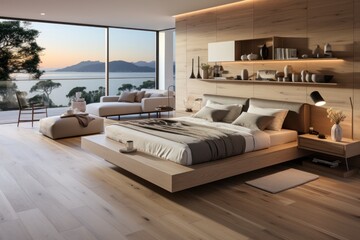 Stylish interior of contemporary bedroom with comfortable bed and luxurious finishings. Details of 3d designer bedroom