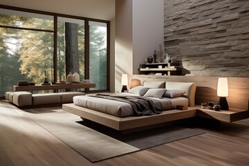 Stylish interior of contemporary room with comfortable bed and luxurious finishings