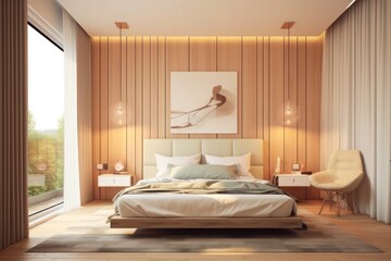 Stylish interior of contemporary bedroom with comfortable bed and luxurious finishings. Details of 3d designer bedroom