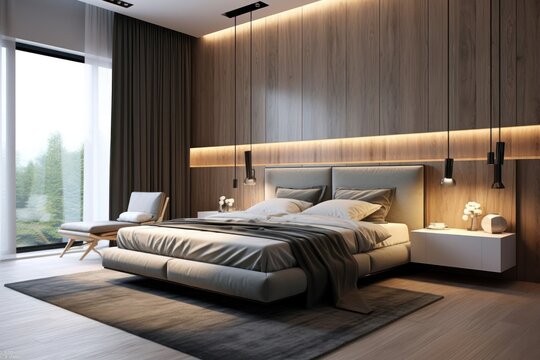 Wide view of a luxury bedroom with simple earthy colors, perfect for a good night's sleep..