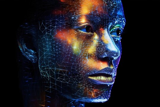 The Face Of A Woman With Glowing Blue Lines In The Form Of A Grid. Face Scanning. Geometry Portrait. Robotics Concept. Anonymous Social Masking. Cyber Security Illustration. Generative AI For Design.