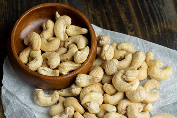 Fresh peeled cashew nuts on the table