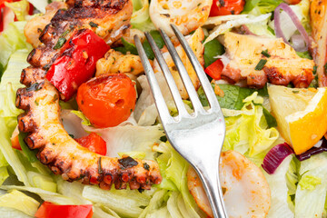 Octopus salad with raw vegetables.