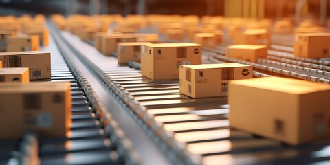 Obraz premium close up carton boxes on conveyor belt, warehouse for product storage and logistics