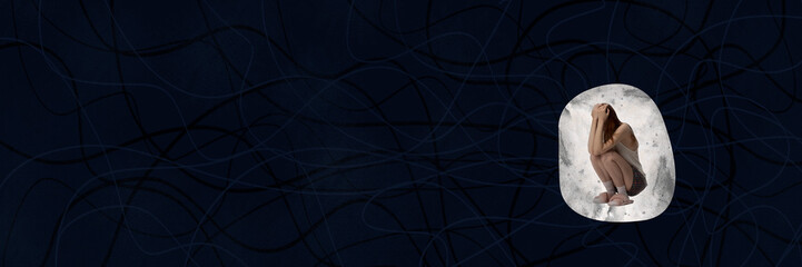 Darkness. Young woman feeling mental breakdown, suffering from inner fears and sadness....