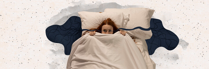 Young girl lying in bed, crying and feeling scared. Suffering from insomnia. Pains. Contemporary...
