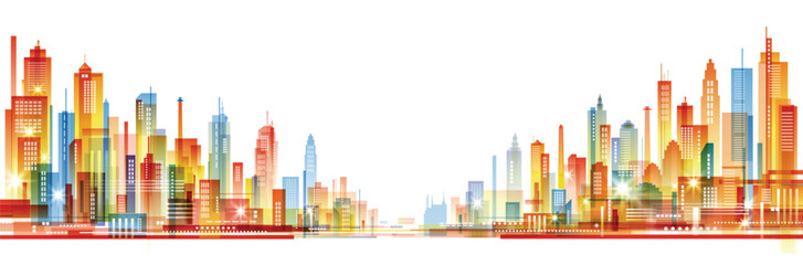 Colorful city skyline. Urban background with architecture, skyscrapers, megapolis, buildings, downtown. - 625192923