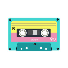 Retro music cassette. Stereo DJ tape, vintage 90s cassettes tapes and audio tape. antique radio play cassette, 1970s or 1980s rock music mix audiocassette.	