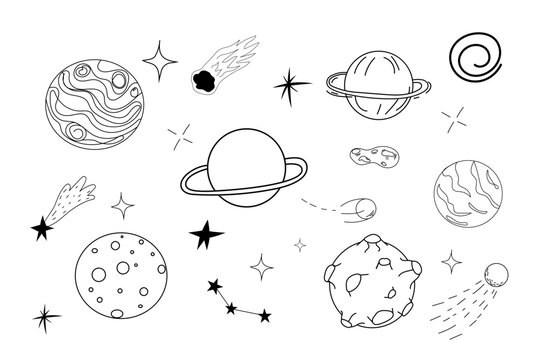 Set planets space elements, stars, meteorite in doodle style. Galaxy icons, simple design