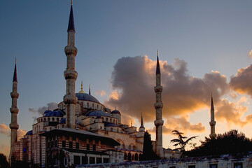 The Blue Mosque at sunset in the city of Istanbul in Turkey