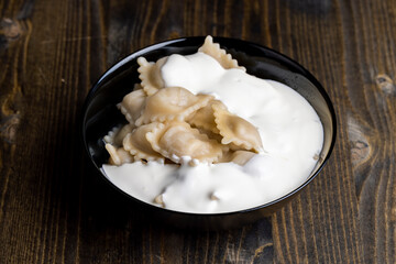 Sour cream covered dumplings with meat