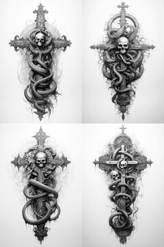 Tattoo sketch of a cross, skull and snakes. Variations set. Generative AI