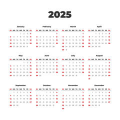 Simple vector calendar on 2025. Start from Sunday