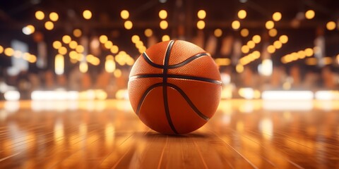 Obraz premium orange basketball ball with lighting bokeh in gym