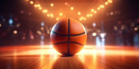 Fototapeta premium orange basketball ball with lighting bokeh in gym