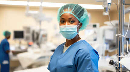 woman surgeon wearing scrubs and mask, hospital operating room, african american female, black