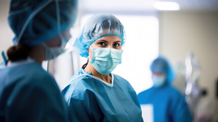woman surgeon wearing scrubs and mask, hospital operating room, female