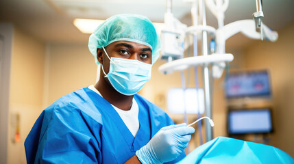African american surgeon wearing scrubs and mask, hospital operating room, black man