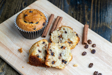 Cupcake with chocolate pieces, close up