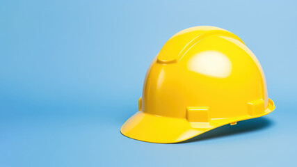 Yellow safety hard hat isolated on blue background. Concept of safety or labor day banner. AI Generated.