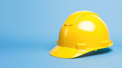 Fototapeta premium Yellow safety hard hat isolated on blue background. Concept of safety or labor day banner. AI Generated.