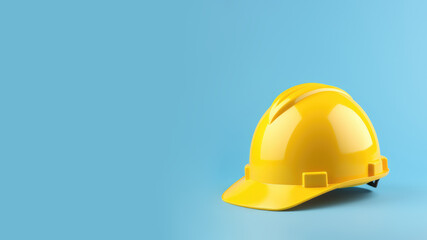 Yellow safety hard hat isolated on blue background. Concept of safety or labor day banner. AI Generated.