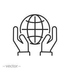 globe in the hands icon, holding earth planet, world save or conservation, community global support, thin line symbol on white background