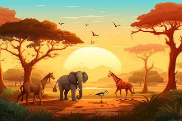 Fototapete Backstein wild animals in savanna forest cartoon illustration