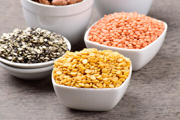 Closeup of uncooked chana dal in bowl