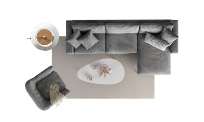 Top view dark sofa in livingroom on white