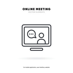 Meeting video conference icon. People on computer tablet screen. Home office in quarantine times. Digital communication. Internet teaching media vector.