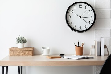 mockup of a white background with an empty frame, a round wall clock, supplies, and a cup. desk for a home office with small space. Generative AI